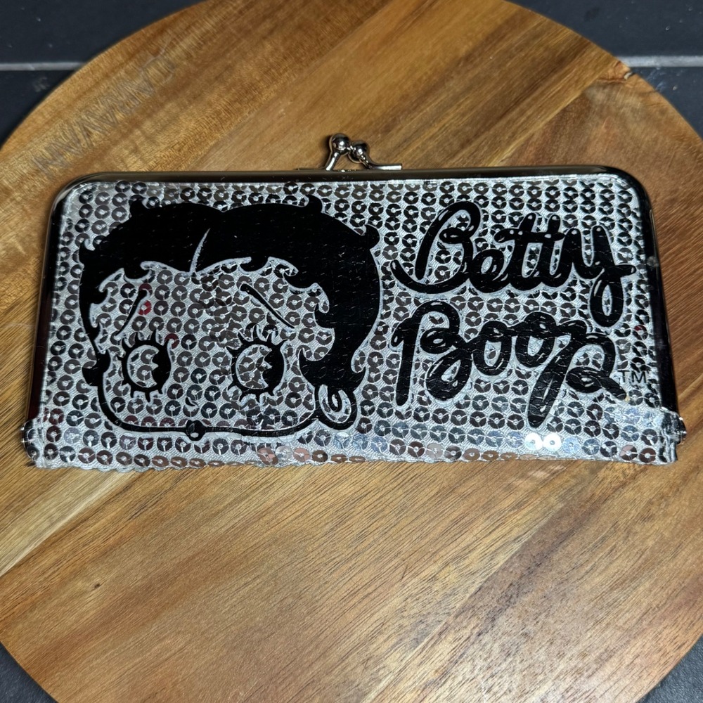 Betty Boop Silver Sequin Kiss Lock Wallet Long Clutch Card Holder Retro